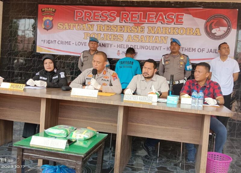 Kapolres Asahan gelar Pers Release pengungkapan tersangka kasus narkoba 2 Kg Sabu, (foto: red-mf)